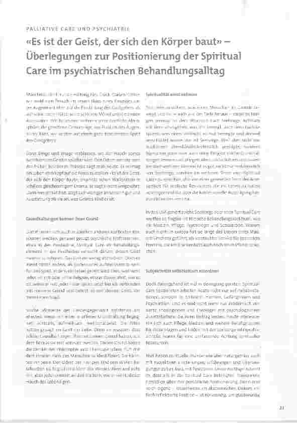 Vorschauseite 1: «Es ist der Geist, der sich den Körper baut» Überlegungen zur Positionierung der Spiritual Care im psychiatrischen Behandlungsalltag