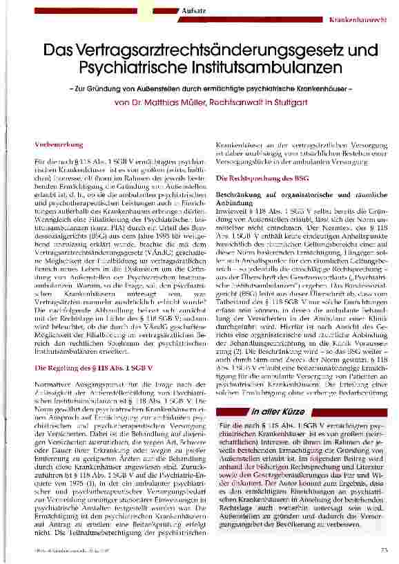 Vorschauseite 1: Das Vertragsarztrechtsänderungsgesetz und Psychiatrische Institutsambulanzen