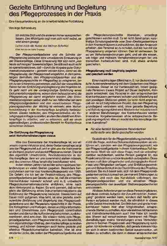 Vorschauseite 1: Gezielte Einführung und Begleitung des Pflegeprozesses in der Praxis Eine Herausforderung an die Innerbetriebliche Fortbildung