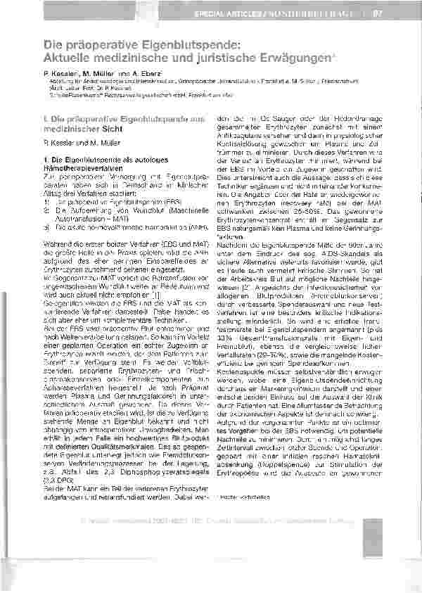 Vorschauseite 1: Die präoperative Eigenblutspende: Aktuelle medizinische und juristische Erwägungen