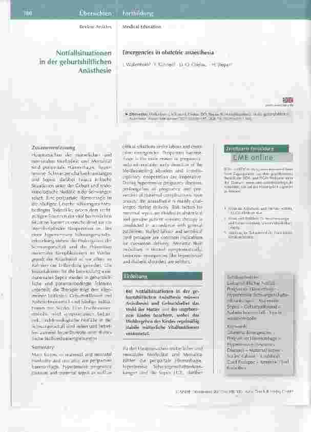 Vorschauseite 1: Notfallsituationen in der geburtshilflichen Anästhesie