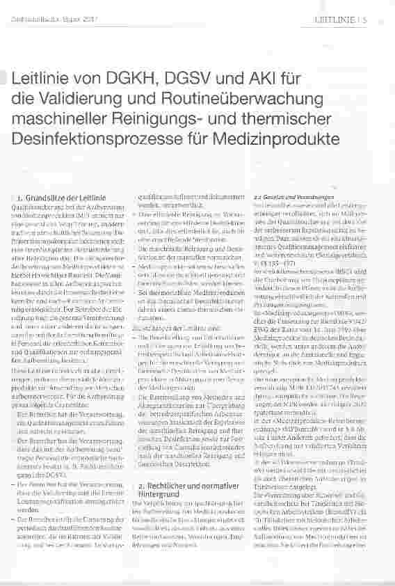 Vorschauseite 1: Leitlinie von DGKH, DGSV und AKI für die Validierung und Routineüberwachung maschineller Reinigungsund thermischer Desinfektionsprozesse für Medizinprodukte