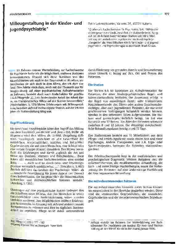 Vorschauseite 1: Milieugestaltung in der Kinderund Jugendpsychiatrie