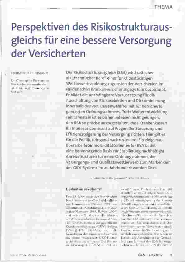 Vorschauseite 1: Perspektiven des Risikostrukturausgleichs für eine bessere Versorgung der Versicherten