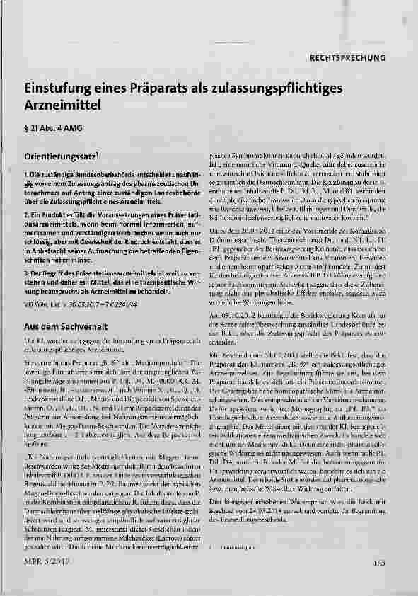 Vorschauseite 1: Einstufung eines Präparats als zulassungspflichtiges Arzneimittel