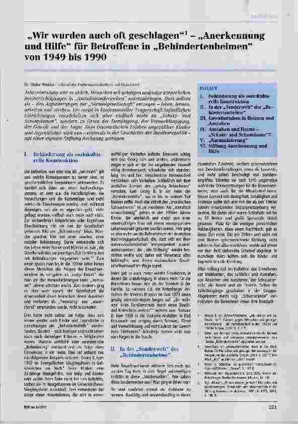 Vorschauseite 1: „Wir wurden auch oft geschlagen“ „Anerkennung und Hilfe“ für Betroffene in „Behindertenheimen“ von 1949 his 1990