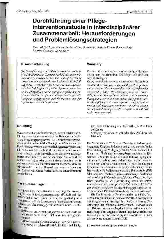 Vorschauseite 1: Durchführung einer Pflegeinterventionsstudie in interdisziplinärer Zusammenarbeit: Herausforderungen und Problemlösungsstragegien