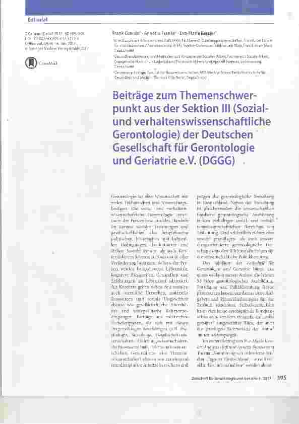 Vorschauseite 1: Beiträge zum Themenschwerpunkt aus der Sektion lli (Sozialund verhaltenswissenschaftliche Gerontologie) der Deutschen Gesellschaft für Gerontologie und Geriatrie e. V. (DGGG)