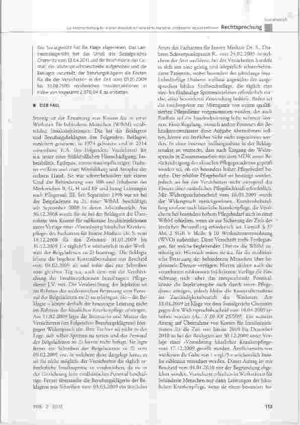 Vorschauseite 2: Zur Kostenerstattung für in einer Werkstatt für behinderte Menschen verabreichte Insulininjektionen