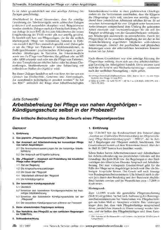 Vorschauseite 1: Arbeitsbefreiung bei Pflege von nahen Angehörigen -Kündigungsschutz selbst in der Probezeit?