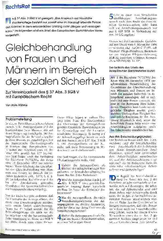 Vorschauseite 1: Gleichbehandlung von Frauen und Männern im Bereich der sozialen Sicherheit Zur Vereinbarung des § 37 Abs. 3 SGB V mit Europäischem Recht