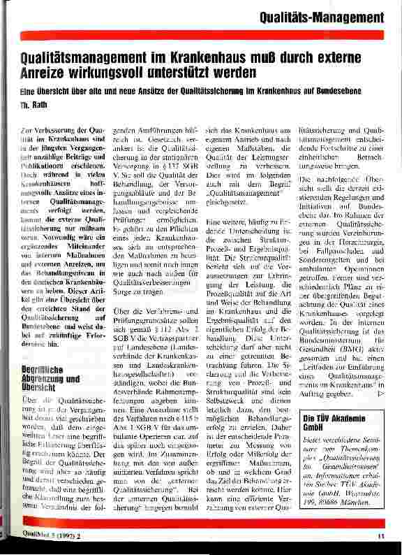 Vorschauseite 1: Qualitätsmanagement im Krankenhaus muß durch externe Anreize wirkungsvoll unterstützt werden Eine Übersicht über alte und neue Ansätze der Qualitätssicherung im Krankenhaus auf Bu…