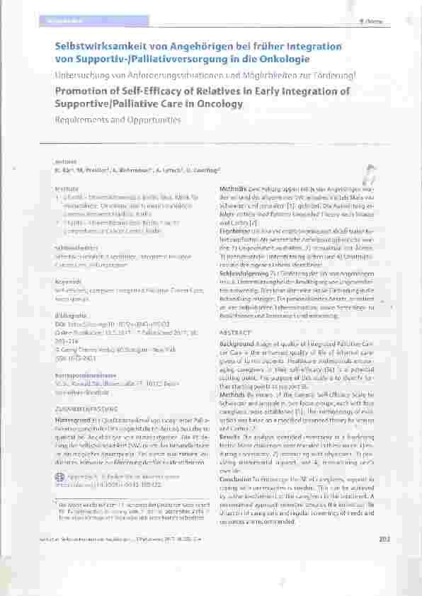 Vorschauseite 1: Selbstwirksamkeit von Angehörigen bei früher Integration von Supportiv-/Pailiativversorgung in die Onkologie