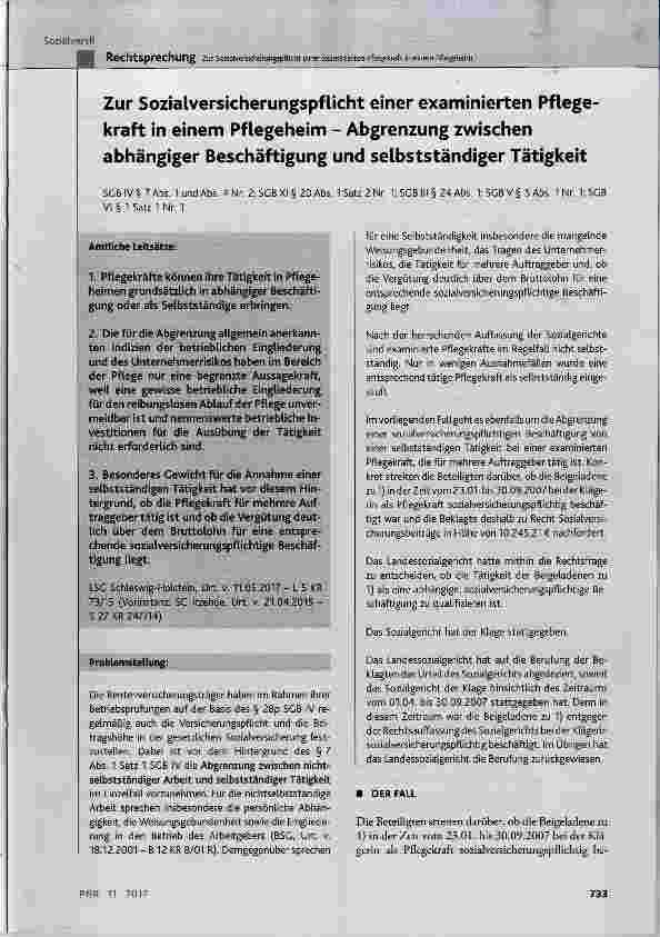 Vorschauseite 1: Zur SozialversicherungspfUcht einer examinierten Pflegekraft in einem Pflegeheim Abgrenzung zwischen abhängiger Beschäftigung und selbstständiger Tätigkeit