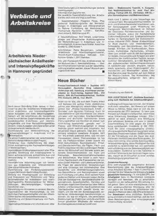 Vorschauseite 1: Arbeitskreis Niedersächsischer Anästhesieund Intensivpflegekräfte in Hannover gegründet