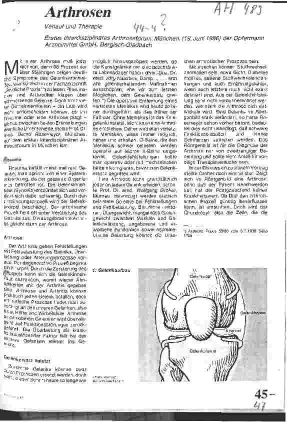 Vorschauseite 1: Arthrosen/Verlauf u. Therapie/1. Interdisziplinäres Arthroseforum, München, 19. 06. 86 der Opfermann Arzneimittel GmbH, Bergisch-Gladbach