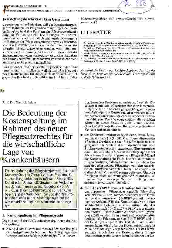 Vorschauseite 1: Die Bedeutung der Kostenspaltung im Rahmen des neuen Pflegesatzrechtes für die wirtschaftliche Lage von Krankenhäusern