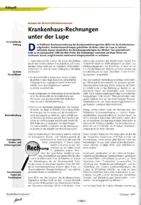Vorschauseite 1: Krankenhaus-Rechnungen unter der Lupe Indizien für Wirtschaftlichkeitsreserven