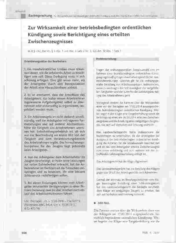 Vorschauseite 1: Zur Wirksamkeit einer betriebsbedingten ordentlichen Kündigung sowie Berichtigung eines erteilten Zwischenzeugnisses