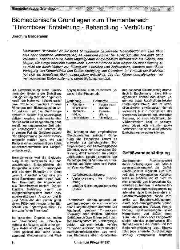 Vorschauseite 1: Biomeclizinische Grundlagen zum Themenbereich Thrombose: Entstehung - Behandlung -Verhütung