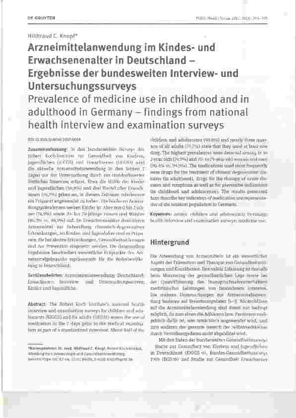 Vorschauseite 1: Arzneimittelanwendung im Kindesund Erwachsenenalter in Deutschland Ergebnisse der bundesweiten Interviewund Untersuchungssurveys