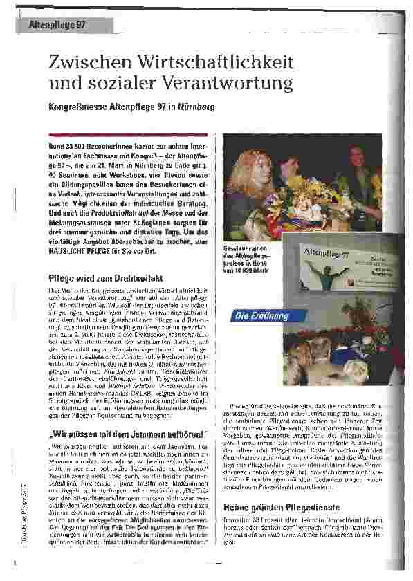 Vorschauseite 1: Zwischen Wirtschaftlichkeit und sozialer Verantwortung Kongreßmesse Altenpflege 97 in Nürnberg