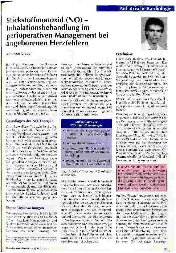 Vorschauseite 1: Stickstoffmonoxid (NO) - Inhalationsbehandlung im perioperativen Management bei angeborenen Herzfehlern