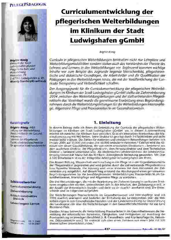 Vorschauseite 1: Curriculumentwicklung der pflegerischen Weiterbildungen im Klinikum der Stadt Ludwigshafen gGmbH