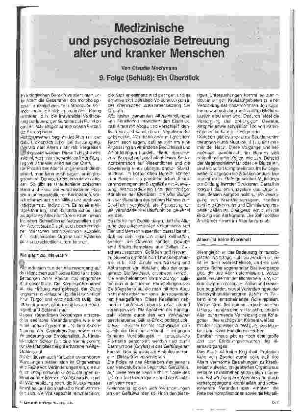 Vorschauseite 1: Medizinische und psychologische Betreuung alter u. kranker Menschen 9. Folge (Schluß): Ein Überblick