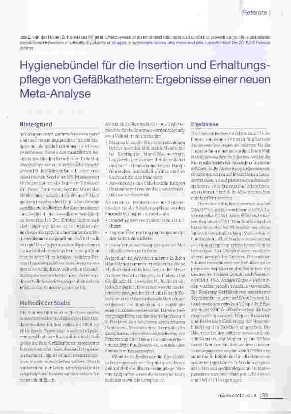 Vorschauseite 1: Hygienebündel für die Insertion und Erhaltungspflege von Gefäßkathetern: Ergebnisse einer neuen Meta-Analyse