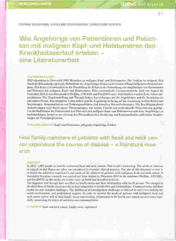 Vorschauseite 1: Wie Angehörige von Patientinnen und Patienten mit malignen Kopfund Halstumoren denKrankheitsverlauf erleben -eine Literaturarbeit