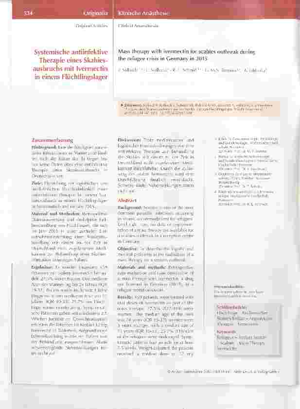 Vorschauseite 1: Systemische antiinfektive Therapie eines Skabiesausbruchs mit Ivermectin in einem Flüchtlingslager