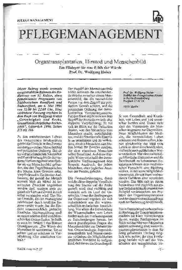 Vorschauseite 1: Organtransplantation, Hirntod und Menschenbild Ein Plädoyer für eine Ethik der Würde