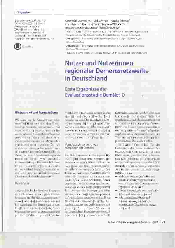 Vorschauseite 1: Nutzer und Nutzerinnen regionaler Demenznetzwerke in Deutschland
