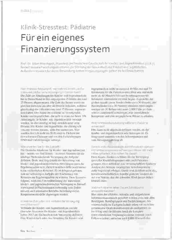 Vorschauseite 1: Klinik-Stresstest: Pädiatrie Für ein eigenes Finanzierungssystem
