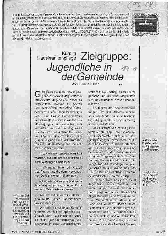 Vorschauseite 1: Kurs in Hauskrankenpflege Zielgruppe: Jugendliche in der Gemeinde