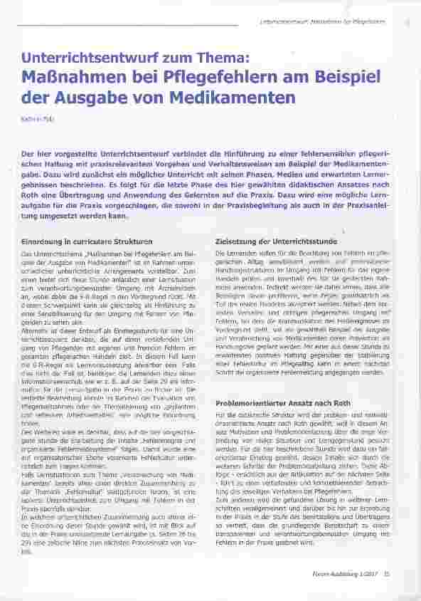 Vorschauseite 1: Unterrichtsentwurf zum Thema: Maßnahmen bei Pflegefehlern am Beispielder Ausgabe von Medikamenten