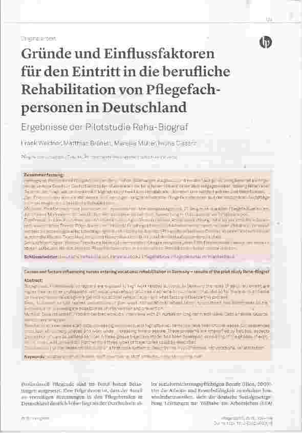 Vorschauseite 1: Gründe und Einflussfaktoren für den Eintritt in die berufliche Rehabilitation von Pflegefachpersonen in Deutschland