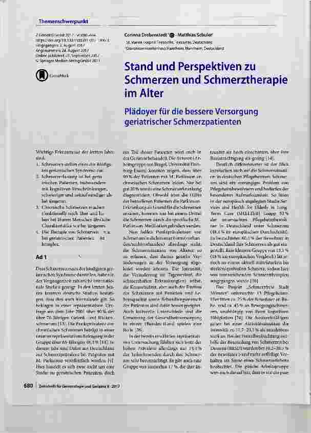 Vorschauseite 1: Stand und Perspektiven zu Schmerzen und Schmerztherapie im Alter