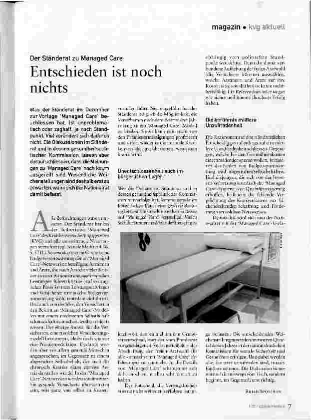 Vorschauseite 1: Der Ständerat zu Managed Care - Entschieden ist noch nichts