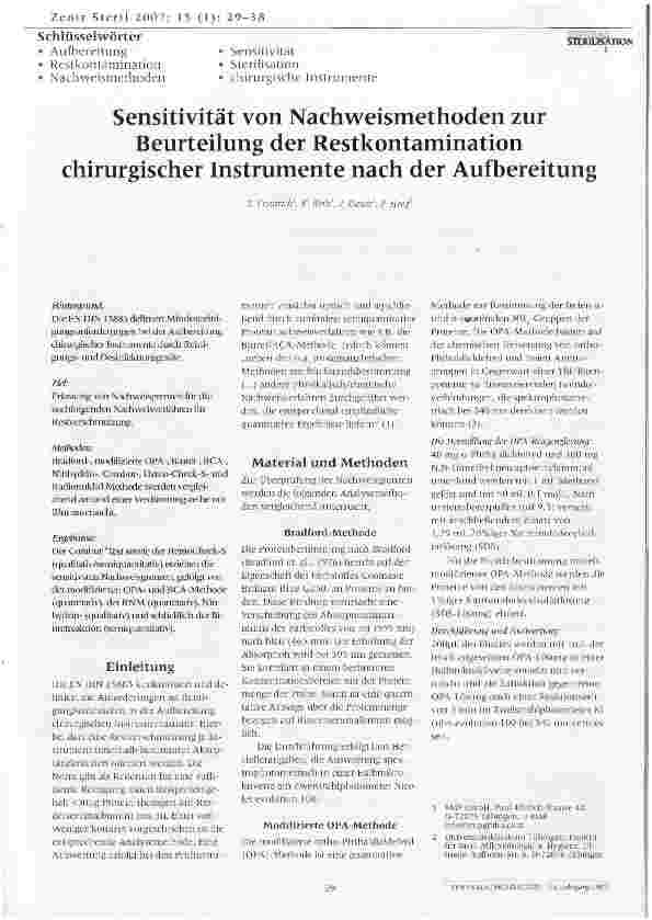 Vorschauseite 1: Sensitivität von Nachweismethoden zur Beurteilung der Restkontamination chirurgischer Instrumente nach der Aufbereitung