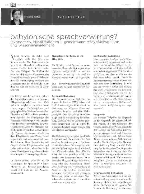 Vorschauseite 1: Babylonische Sprachverwirrung? - taxonomien, klassifikationen - gemeinsame pflegefachsprache und wissensmanagement