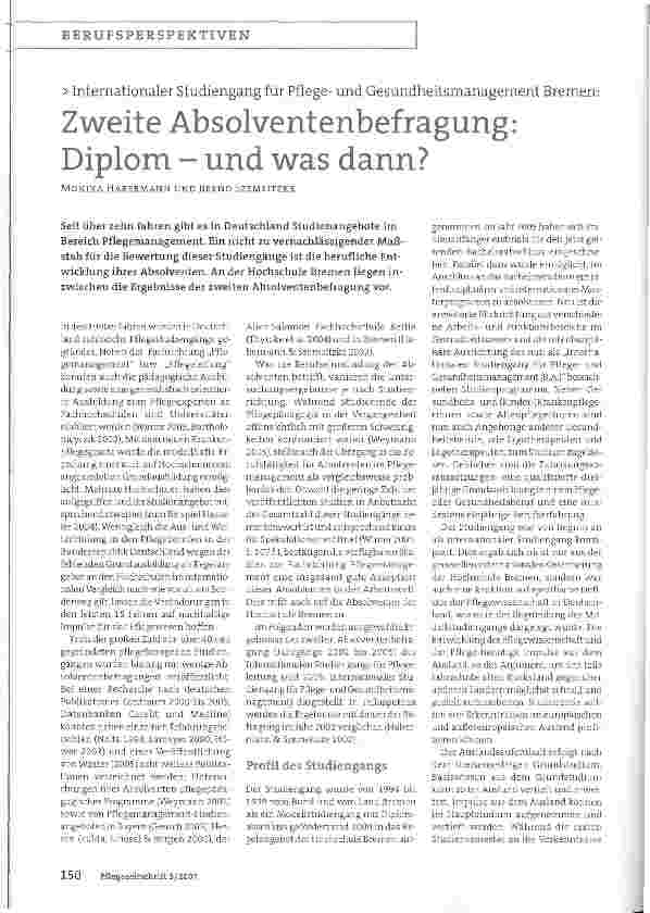 Vorschauseite 1: Internationaler Studiengang für Pflegeund Gesundheitsmanagement Bremen: Zweite Absolventenbefragung: Diplom - und was dann?
