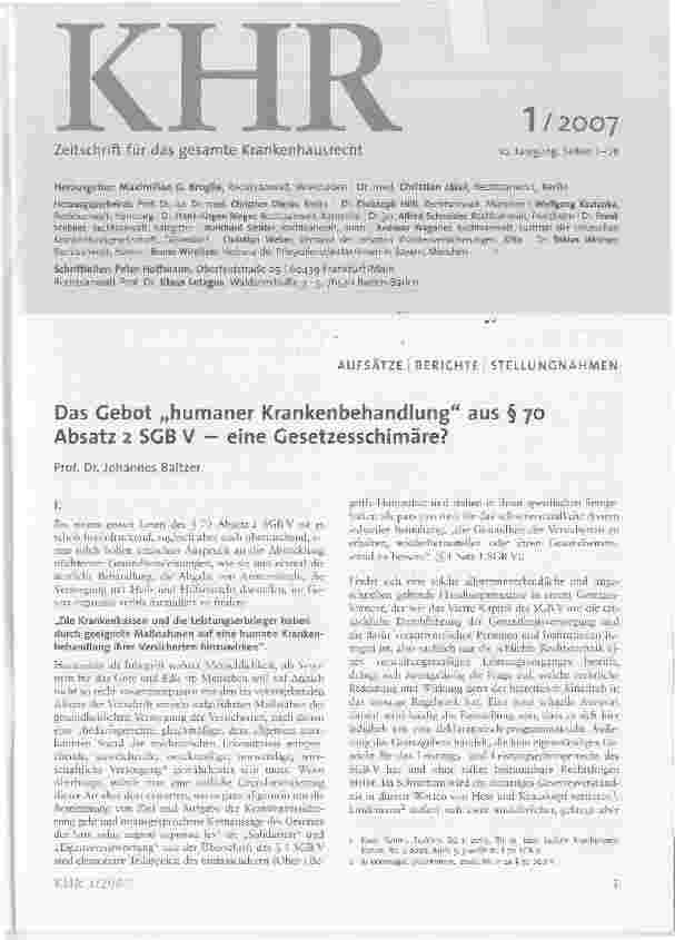 Vorschauseite 1: Das Gebot humaner Krankenbehandlung aus § 70 Absatz 2 SGB V - eine Gesetzesschimäre?