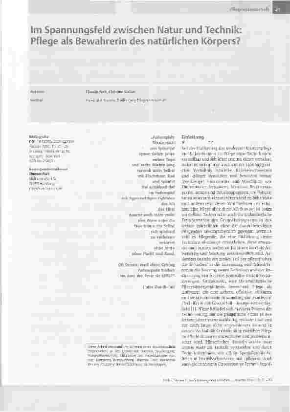 Vorschauseite 1: Im Spannungsfeld zwischen Natur und Technik: Pflege als Bewahrerin des natürlichen Körpers?