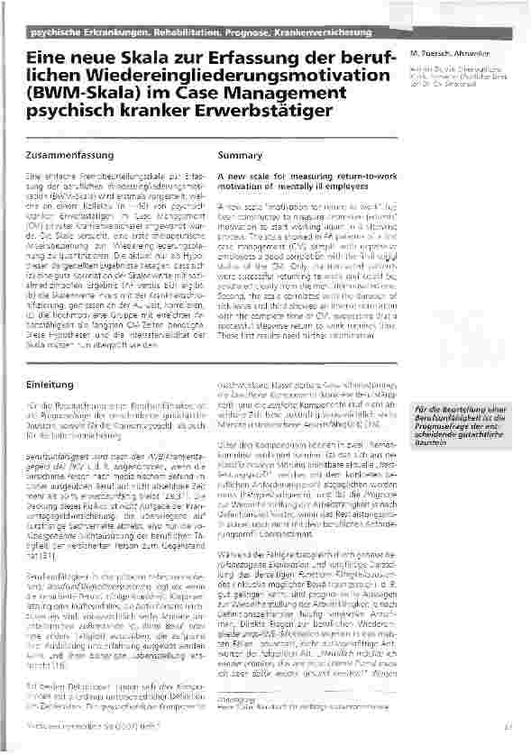 Vorschauseite 1: Eine neue Skala zur Erfassung der beruflichen Wiedereingliederungsmotivation (BWM-Skala) im Case Management psychisch kranker Erwerbstätiger