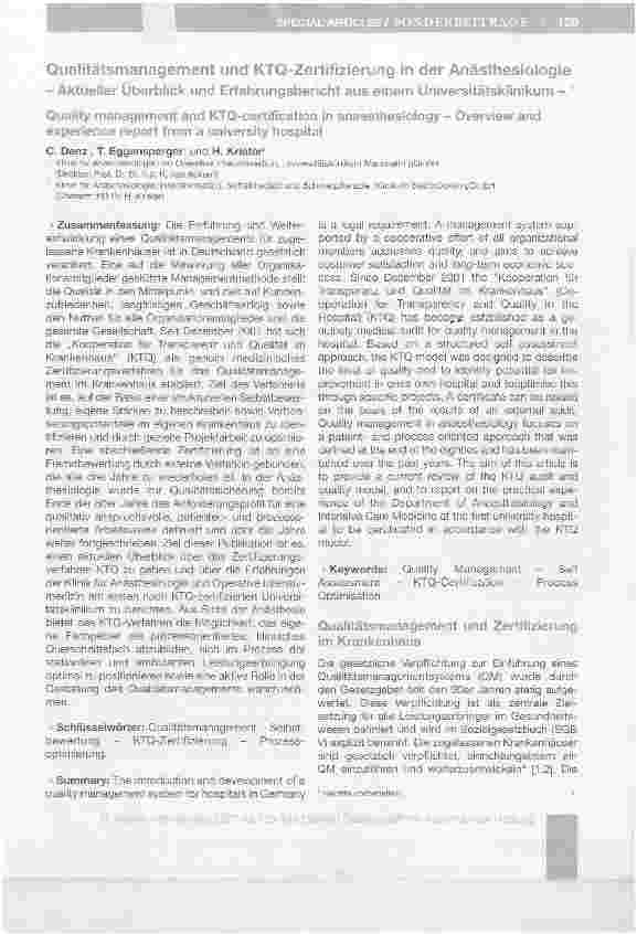 Vorschauseite 1: Qualitätsmanagement und KTQ-Zertifizierung in der Anästhesiologie