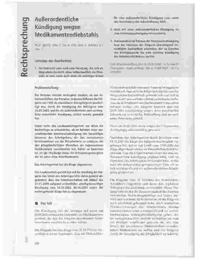 Vorschauseite 1: Außerordentliche Kündigung wegen Medikamentendiebstahls