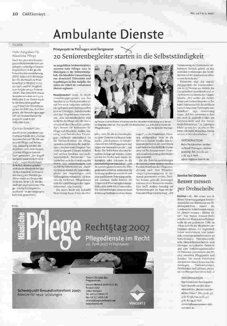 Vorschauseite 1: Pilotprojekt in Thüringen wird fortgesetzt20 Seniorenbegleiter starten in die Selbstständigkeit