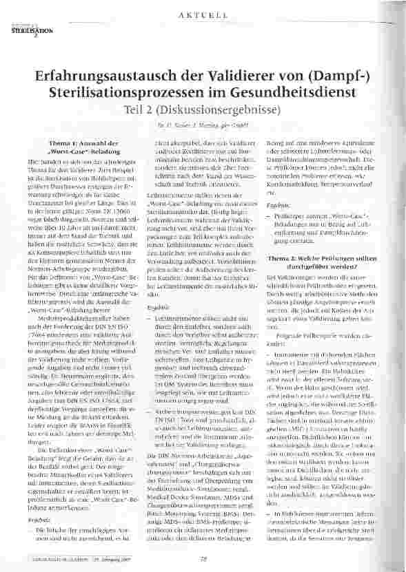 Vorschauseite 1: Erfahrungsaustausch der Validierer von (Dampf-) Sterilisationsprozessen im GesundheitsdienstTeil 2 (Diskussionsergebnisse)